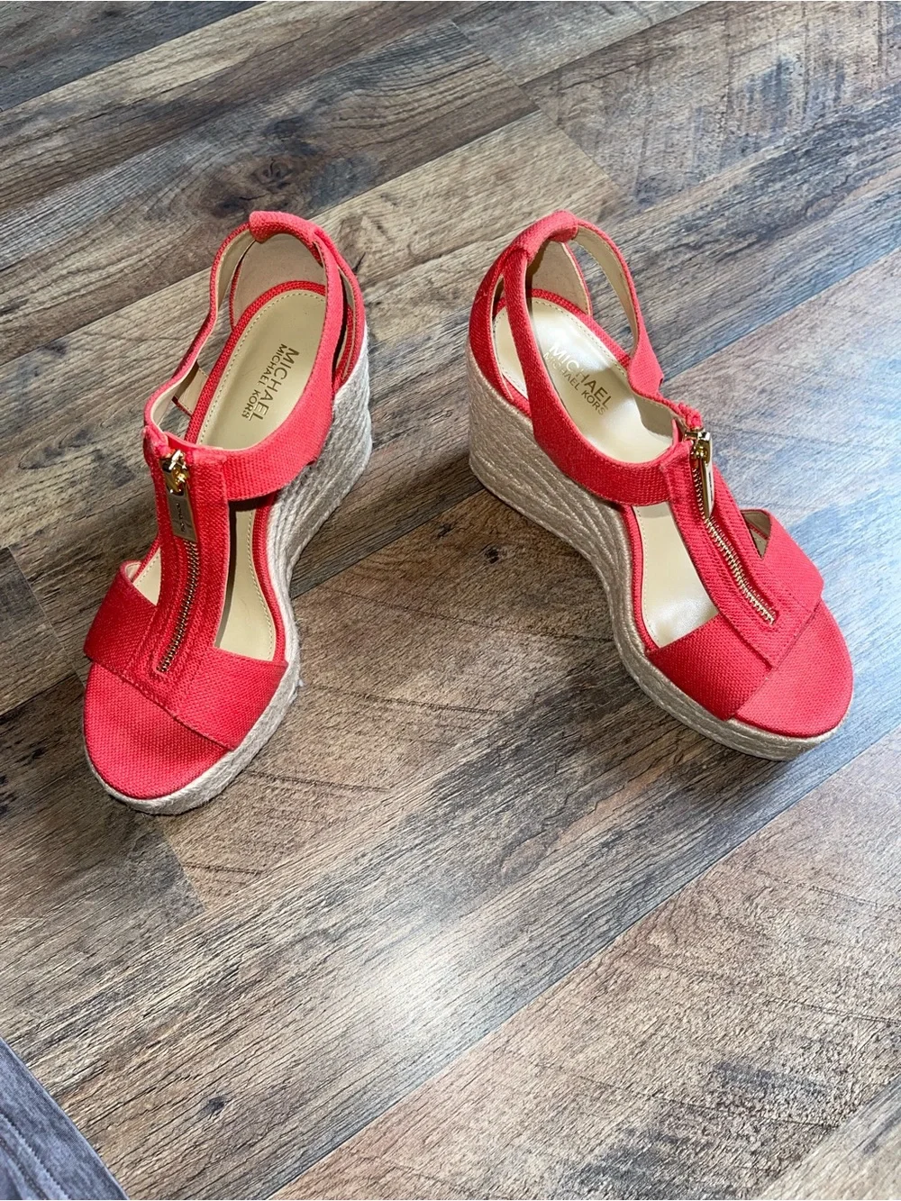 Michael Kors Coral-Red Espadrille Wedge Sandals with Front Zipper